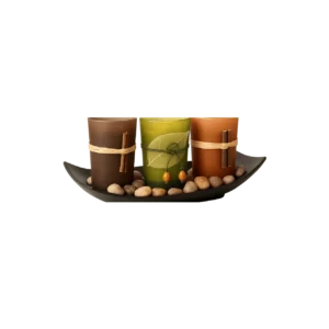 Dawhud Direct Decorative Votive Candle Holders, Vintage Decor Flameless Candlescape Set, 3 LED Tea Light Candles, Rocks and Tray - Fall Table Decor (Earth...