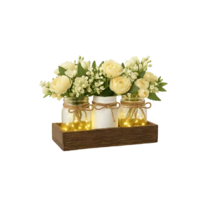 Mkono Mason Jar Lights Centerpiece Table Decor for Dining Room Farmhouse Wood Tray with 3 Jars Flowers Summer Decoration for Coffee Table Kitchen Living