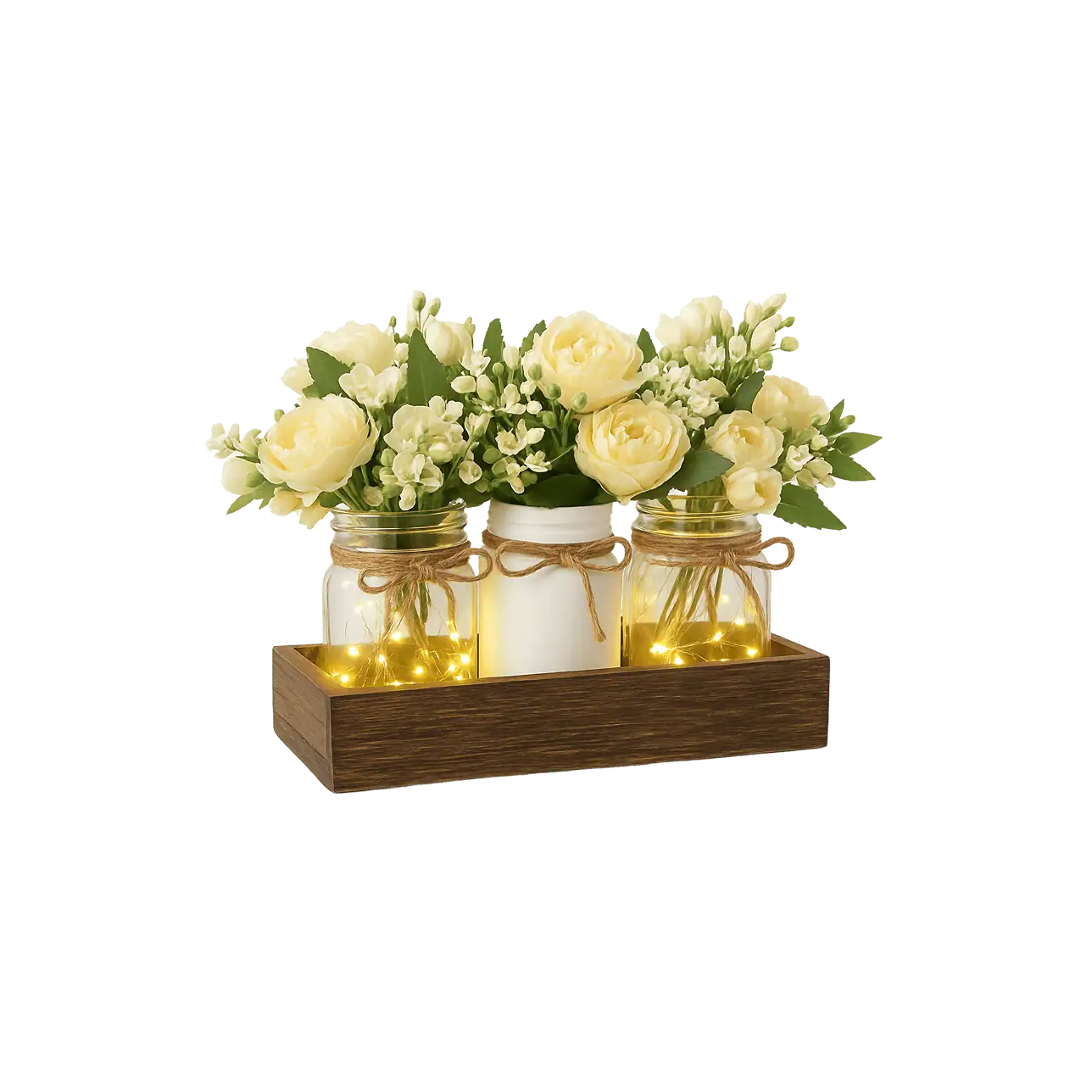 Mkono Mason Jar Lights Centerpiece Table Decor for Dining Room Farmhouse Wood Tray with 3 Jars Flowers Summer Decoration for Coffee Table Kitchen Living
