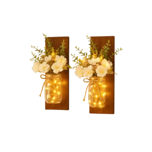 Rustic Wall Sconces Mason Jar Sconces Handmade Wall Art Hanging Design with Remote Control LED Fairy Lights and White Peony,Christmas Decor Gift Farmhouse